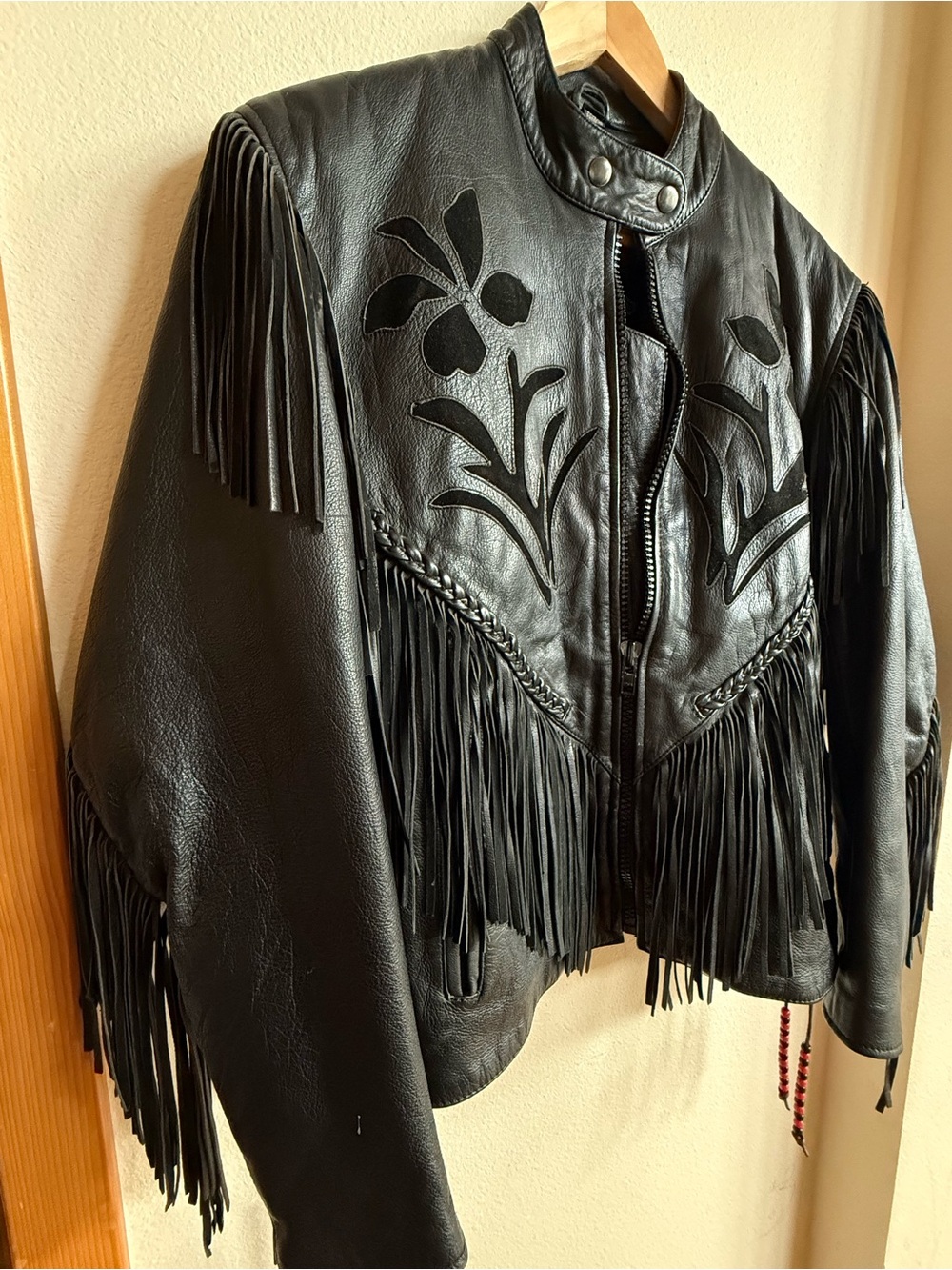 VTG Unik Leather Apparels Fringe Floral Applique Western Festival Moto Jacket M - Picture 4 of 10
